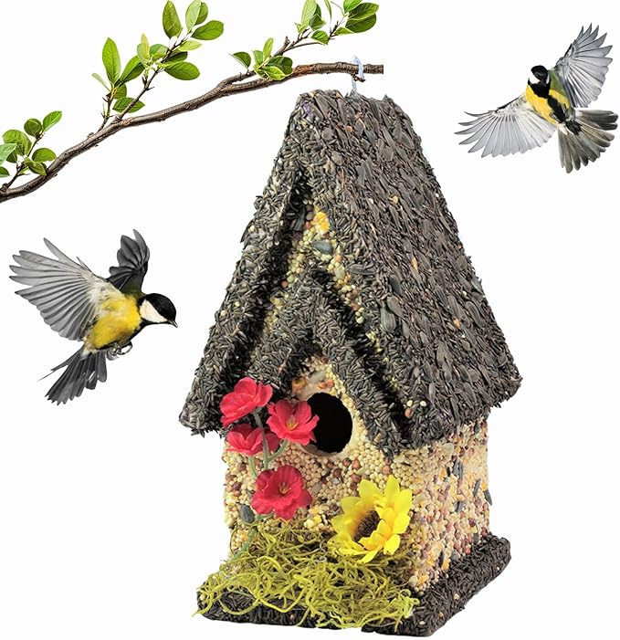 Edible Birdhouse - Birdseed Bird Feeder, Wooden Birds House Covered in Wild Bird Food, Squirrel Resistant Birds Feeders for Outside Hanging, Watching Gift for Garden Lovers, (TD)