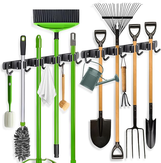 ZONGOOL 2 Pack Broom Holder Wall Mount, 4 Racks and 5 Hooks Mop Hanger Wall Mount Broom Organizer Stainless Steel Heavy Duty Garage Tool Racks for Home Kitchen Garden Laundry (Black)