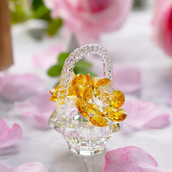 H&D HYALINE & DORA Crystal Flower Basket Figurine Collectable Ornaments Home Decor Tabletop Centerpiece Gift for Lady，Yellow Color