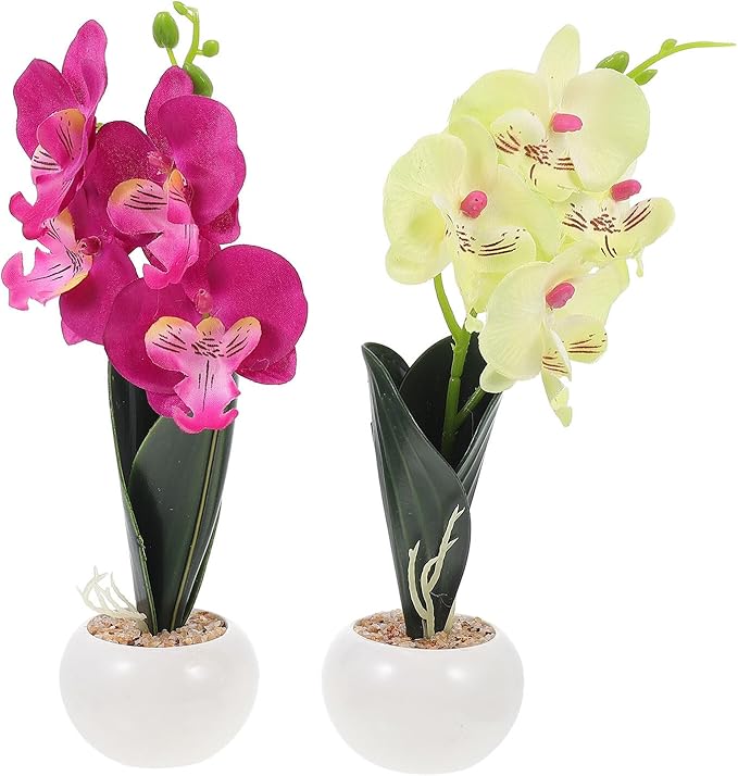 SUPVOX Artificial Phalaenopsis Bonsai Set of 2, Silk Cloth Simulation Orchid Flowers with White-Green and Purple Colors, Table Decor for Living Room, Office, Dining Room Ornament