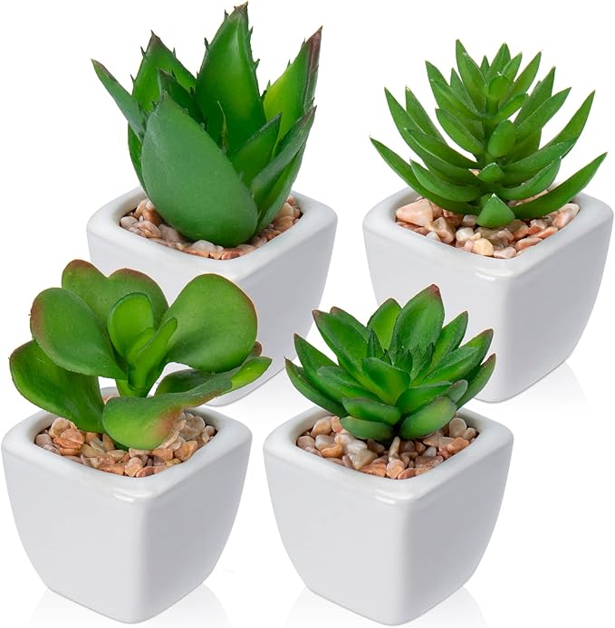 Briful Mini Fake Plants 4 Packs Assorted Artificial Succulents Plants Potted Faux Succulents Plants in Ceramic Planter Pot for Home Decor Indoor Bathroom Shelf Tabletop