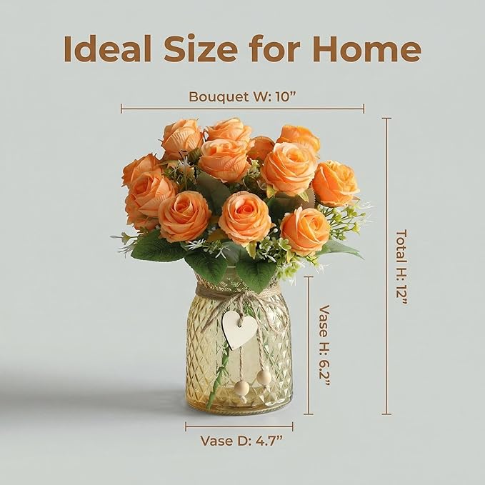 Faux Flowers in Vase, 18 Pcs Fake Rose Flowers with Glass Vase, Artificial Flower Arrangement Home Decor Indoor Centerpiece for Living Room & Dining Table, Orange, 12 Inches