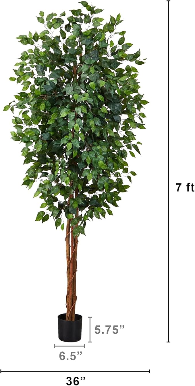 Nearly Natural 7ft Triple Trunk Artificial Ficus Tree with Natural Wood Trunks, Fake Tree For Indoor Home Decor, Faux Ficus Tree with Black Nursery Pot