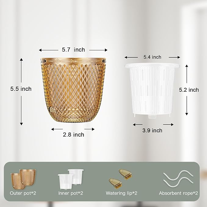 QCQHDU 2 Pack Self Watering Pots, 5.7 Inch Flower Pots with Drainage Holes and Water Filling Port, Garden Planter for Indoor Outdoor Plants (Gold)