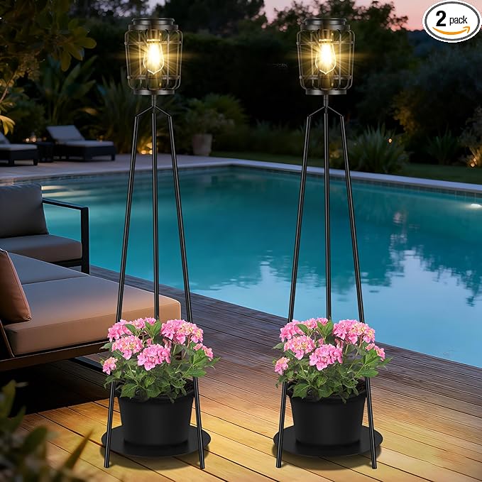 TOWPONICS 2-Pack Solar Lights with Plant Stands, 40.75'' Solar Powered Outdoor Floor Lamp with Planter, IP65 Waterproof Outdoor Lamp for Patio Deck Porch Yard Garden Decor, 8-12 Hours Lighting