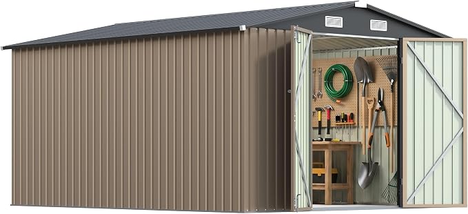 Patiowell 10 x 12 FT Outdoor Metal Storage Shed, Heavy-Duty Shed Storage with Lockable Doors and Steel Frame, Utility Tool Outside Large Storage Shed for Garden, Patio, Backyard, Brown