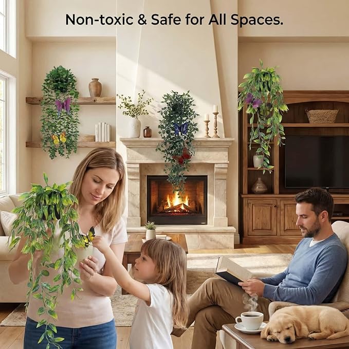 3 Pack Fake Plants Indoor Outdoor with 6 Butterflies – Small Artificial Potted Hanging Plants for Shelf, Balcony, Patio & Wall Decor | Faux Plants for Living Room, Bedroom, Office, Porch