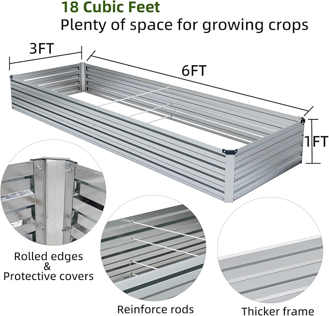Meberam 3 Pack 6x3x1FT Galvanized Raised Garden Beds Kit Outdoor Metal Gardening Planter Box for Vegetable Elevated Flower Herbs,Silver