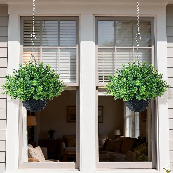 FOTEEWL Artificial Boxwood Hanging Baskets - 2 Sets of Hanging Plant Fake Bushes with Baskets,UV-Resistant Suitable for Outdoor,Porches,Eaves,Farmhouses,Courtyard Decorations