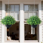 FOTEEWL Artificial Boxwood Hanging Baskets - 2 Sets of Hanging Plant Fake Bushes with Baskets,UV-Resistant Suitable for Outdoor,Porches,Eaves,Farmhouses,Courtyard Decorations
