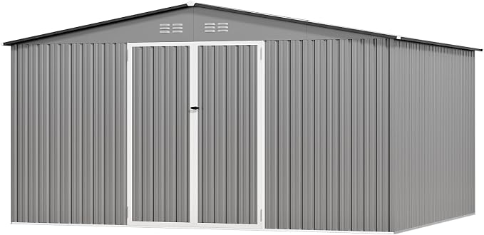 12 x 10FT Sheds & Outdoor Storage, Grey Metal Waterproof Storage Shed with Door and Lock Outdoor Shed,All-Weather Shelter for Bike, Gardening Tools, Lawn Mowers