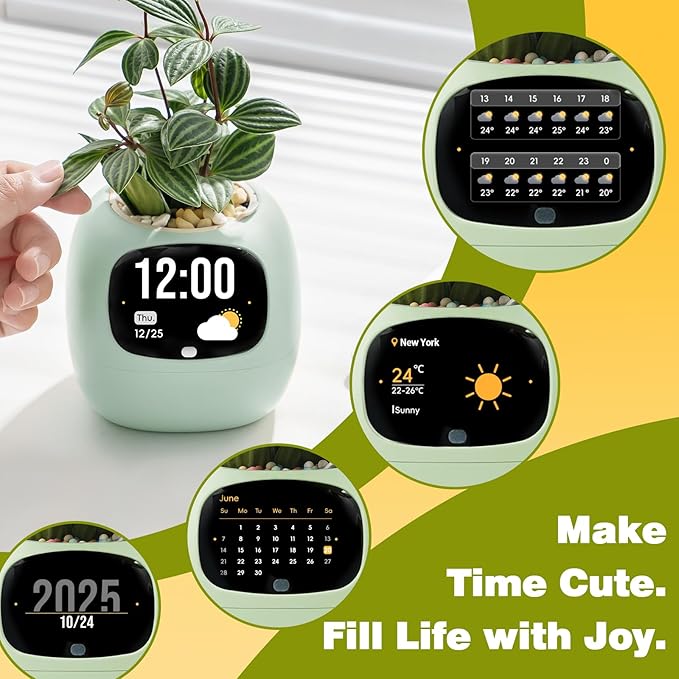 Smart Planter with App Control, Self-Watering AI Plant Pot with LCD Display, Interactive Desk Plant Companion for 100+ Plants, Smart Indoor Planter with Pomodoro Timer,80ml Reservoir,Calendar-Green