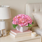 Artificial Hydrangea Flowers Arrangement in Wood Planter, 4PCS Fake Pink Flowers in Wooden Vase Potted Floral Centerpieces for Tables Living Room Home Office Room Shelf Kitchen Decor