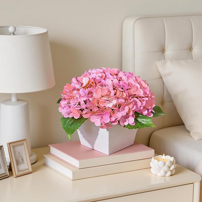 Artificial Hydrangea Flowers Arrangement in Wood Planter, 4PCS Fake Pink Flowers in Wooden Vase Potted Floral Centerpieces for Tables Living Room Home Office Room Shelf Kitchen Decor