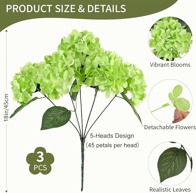 AGIRL 3 Bundles Green Artificial Hydrangea Flowers for Outdoors, UV Resistant Lifelike Faux Flowers for Spring Indoor Outdoor Garden Patio Porch Balcony Home Decoration Wedding Party Centerpieces