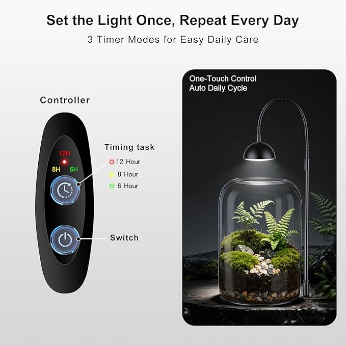 Glass Plant Terrarium with LED Grow Light & Adjustable Ventilation, 8.2" Desktop Terrarium for Venus Fly Trap, Moss & Succulents, Borosilicate Indoor Planter for Home Office Decor
