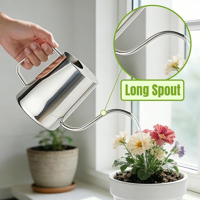 34oz/1000ml Watering Can Indoor Plants with Long Spout, Plant Watering Can for Ergonomic Handle, Rust-Resistant & Durable 304 Stainless Steel, Office & Home