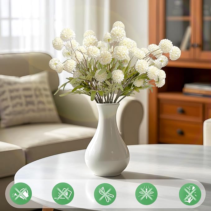Artificial Flowers 10 Pcs Faux Silk Pompon Mum, Bulk Fake Flowers Mini Chrysanthemums with Stems for DIY Bouquet Centerpieces Wedding Fillers Champagne Arrangements Room Decor, White