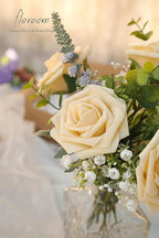 Floroom Artificial Flowers 50pcs Real Looking Creamy Yellow Foam Fake Roses with Stems for DIY Wedding Bouquets Bridal Shower Centerpieces Floral Arrangements Party Tables Home Decorations