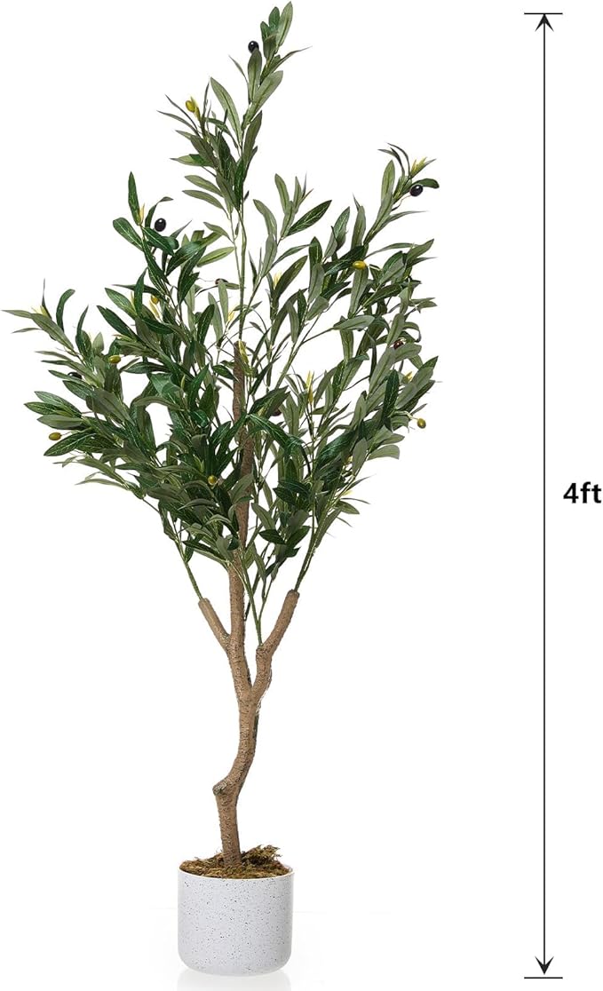 4FT Artificial Olive Tree in Pot, Tall Fake Floor Plants Faux Olive Tree with Silk Leaves & 20 Fruits, Decorative Evergreen Artificial Plants Indoor for Home Front Door Office Decor