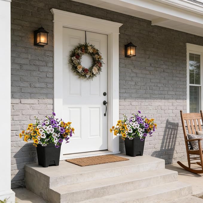 17 Inch Artificial Faux Pansy Flowers for Outdoor,Fake Pansies Flowers with Eucalyptus Leaves Fake Plants Greenery Boxwood Porch Patio Decor 6 Bundles(Light Purple,Dark Yellow,White)