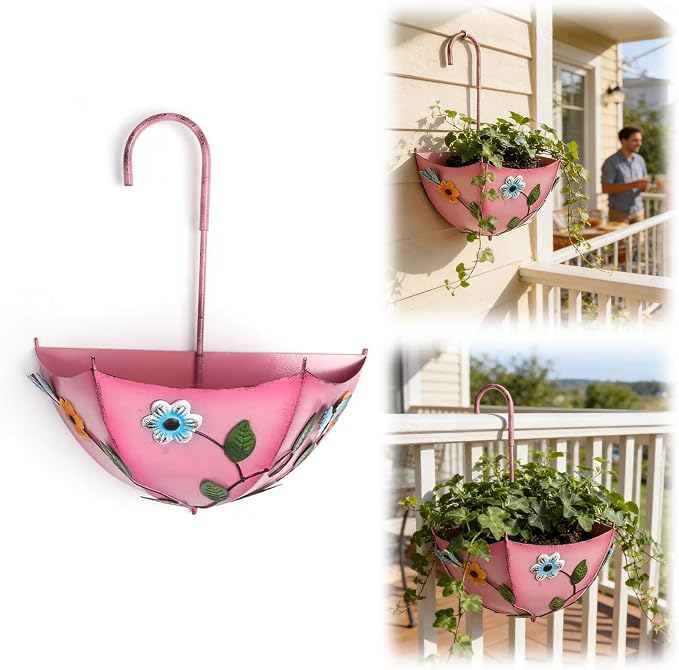 Plant Umbrellas for Outdoor Plants, Farmhouse Umbrella Shaped Wall Hanging Planter – Metal Iron Art with Drainage Holes, No-Drill Rustproof Flower Pot for Yard, Patio, Balcony