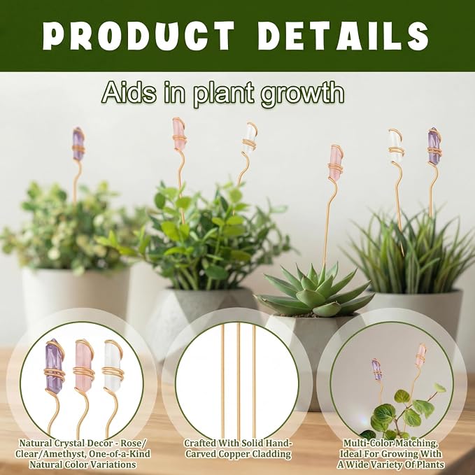 Threehoney 6 Pcs Crystal Plant Trellis for Potted Plants, 9.84'' Metal Plant Stakes with Natural Crystal Suncatcher, Indoor Outdoor Climbing Vegetation Support Stake for Home Garden Decor Gift