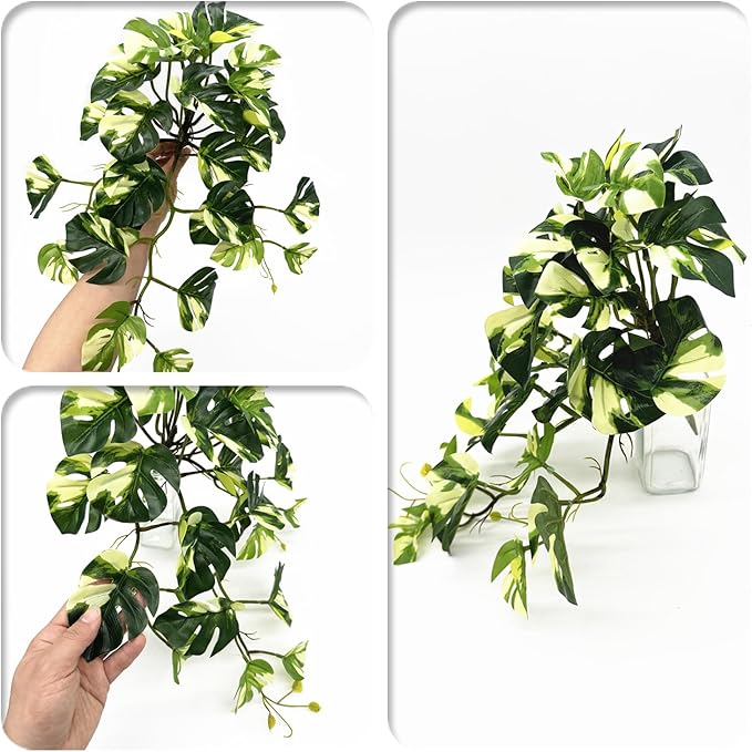 Fake Plants Hanging Small Faux Potted Ivy Vine Artificial Monstera Mini Faux Tropical Plants Greenery for Bathroom Office Table Pot Indoor Outdoor Decor Windowsill Shelf DIY Decoration - White 2 Pack