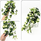 Fake Plants Hanging Small Faux Potted Ivy Vine Artificial Monstera Mini Faux Tropical Plants Greenery for Bathroom Office Table Pot Indoor Outdoor Decor Windowsill Shelf DIY Decoration - White 2 Pack