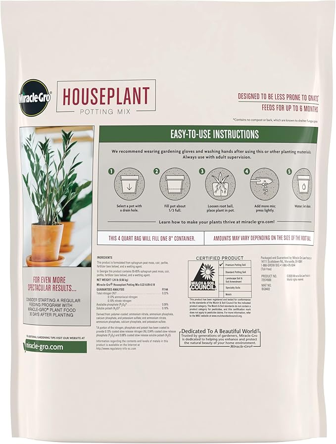 Miracle-Gro Houseplant Potting Mix - Fertilized Indoor Plant Soil for Containers, Designed to be Less Prone to Gnats, 4 qt.