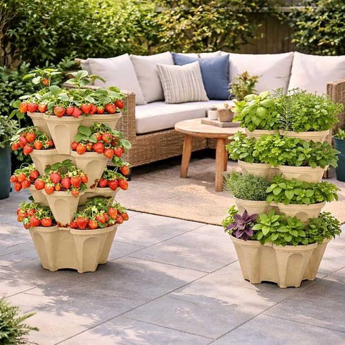 Stackable Vertical Planter Tower, 4 Tier Strawberry Planter, 28 Plant Sites, Space Saving Garden Planter for Vegetables & Herbs, Indoor Outdoor, Made in USA (Desert Sand)