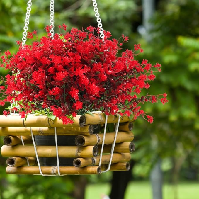 RECUTMS Fake Greenery Boxwood Plant Outdoor Artificial Flowers UV Resistant Fake Boxwood Plastic Plants Greenery Shrubs for Summer Indoor Outdoor Garden Patio Window Box Kitchen Home Decor(Red)
