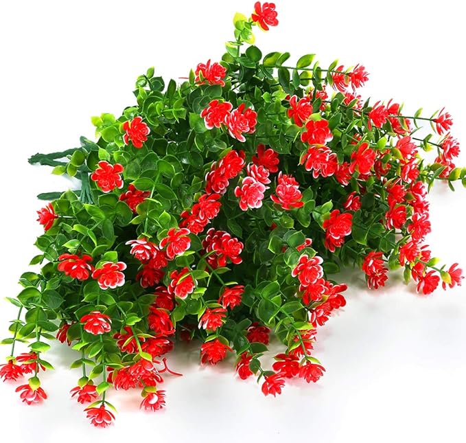 24 Bundles Outdoor Artificial Flowers UV Resistant Fake Boxwood Plants, Faux Greenery for Indoor Outside Hanging Plants Garden Porch Window Box Home Wedding Farmhouse Décor (Red)