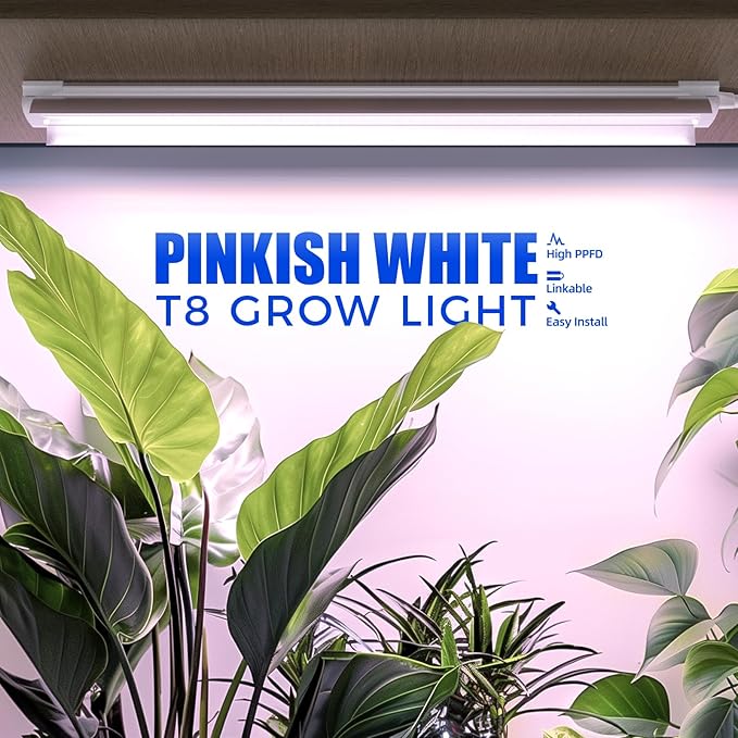 Barrina 2FT T8 Grow Light, 144W(6 x 24W), 800W Equivalent, Full Spectrum, Sunlight Plant Light, LED Grow Light Bulbs, for Indoor Plant Growing, with V-Shaped Reflector, Pinkish White, 6-Pack