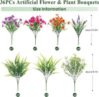Alupssuc 36 Bundles Artificial Flowers for Outdoors Spring Decoration, UV Resistant Eucalyptus Violet and Lavender Silk Fake Plants for Outside Indoor Yard Home Patio Decor, Orange Rose Purple
