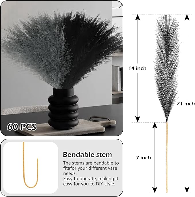 SeptCat 60 Pcs Pampas Grass Black and Dark Grey Decor 21.7" Fluffy Faux Short Pampas Grass Artificial Small Pompas Grass Flower Vase Filler for Home Wedding Decoration