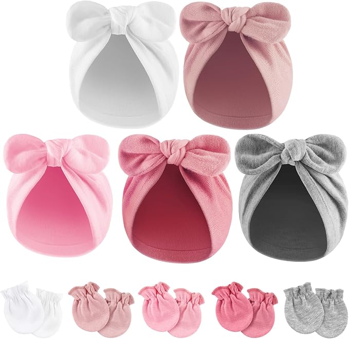 BQUBO Baby Turban Hats and Mittens Set Newborn Infant Hospital Hats Caps with Bows for Baby Boys Girls 0-12 Months