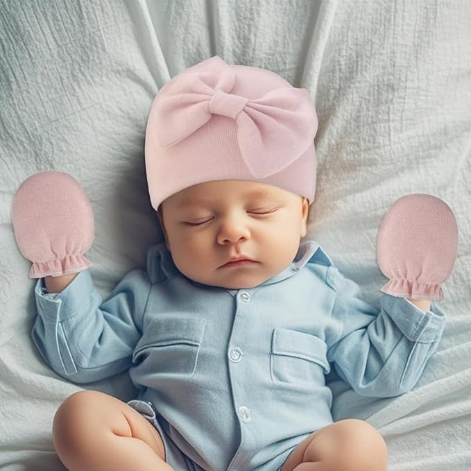 Newborn Baby Hats Mittens Sets Bow Infant Caps Gloves No Scratch Mitten Beanie Set for 0-6 Months Girls