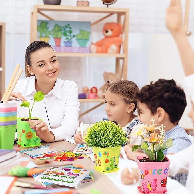 Capoda 48 Sets Garden Flower Pots Crafts Kit DIY Spring Plastic Seedling Nursery Pots with Stickers Plant Labels Growth Charts Planting Growing Tools Classroom Activities Project Gifts (Square)
