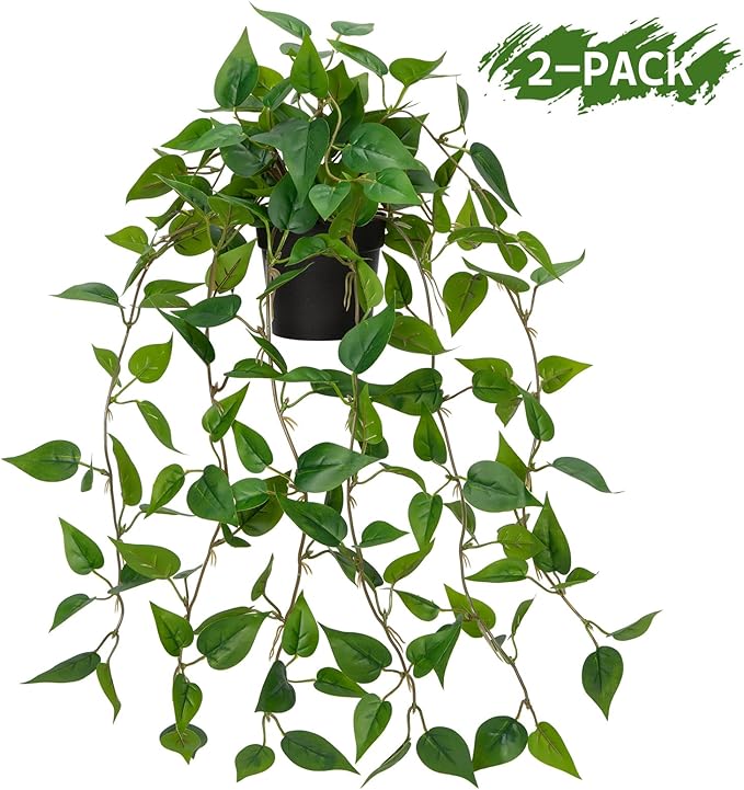 2 Pack Fake Hanging Plants for Shelf in Back Pot, Small Artificial Hanging Ivy Vine Plants Indoor Fake Potted Greenery Plant for Room Bathroom Kitchen Wall End Table Mimi Faux Pothos Plant Set Decor