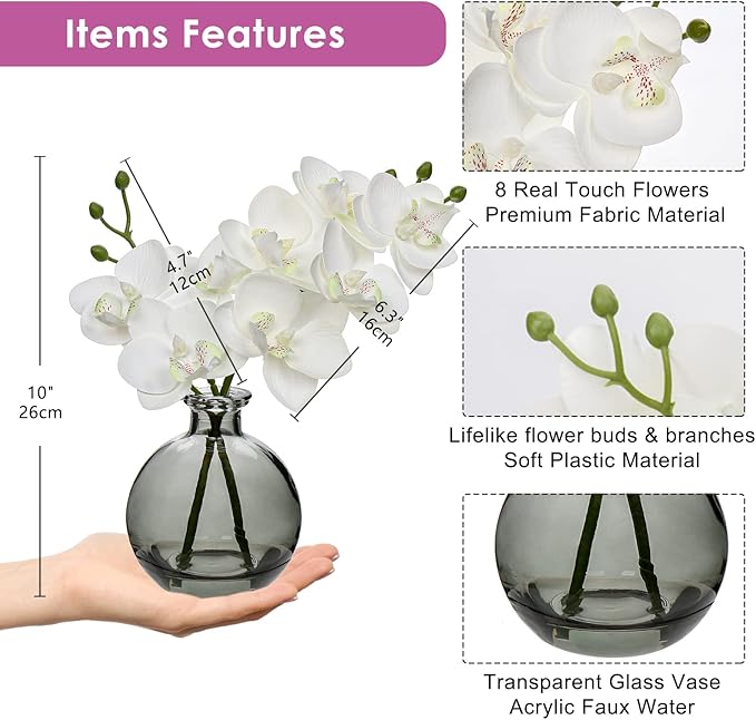 Oairse White Orchids Artificial Flowers Faux Orchid Arrangement with Black Glass Vase Set of 2 Real Touch Phalaenopsis Orchid Flowers Orchid Centerpiece for Dining Room Table