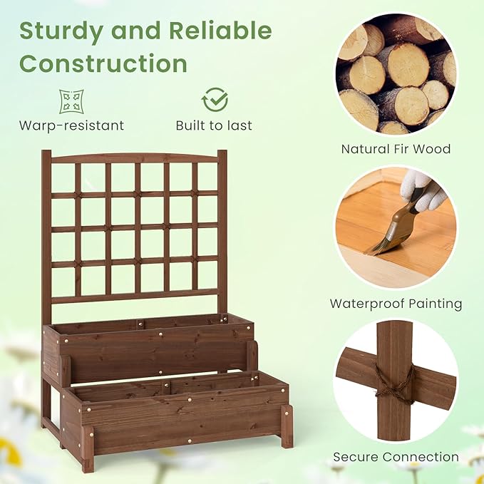 Byroce Outdoor Raised Garden Bed, Garden Planter Box with Lattice Trellis, Legs & Drainage Hole, 2-Tier Standing Elevated Planter for Flower, Fruit, Vegetable & Climbing Plants in Patio, Balcony (2)
