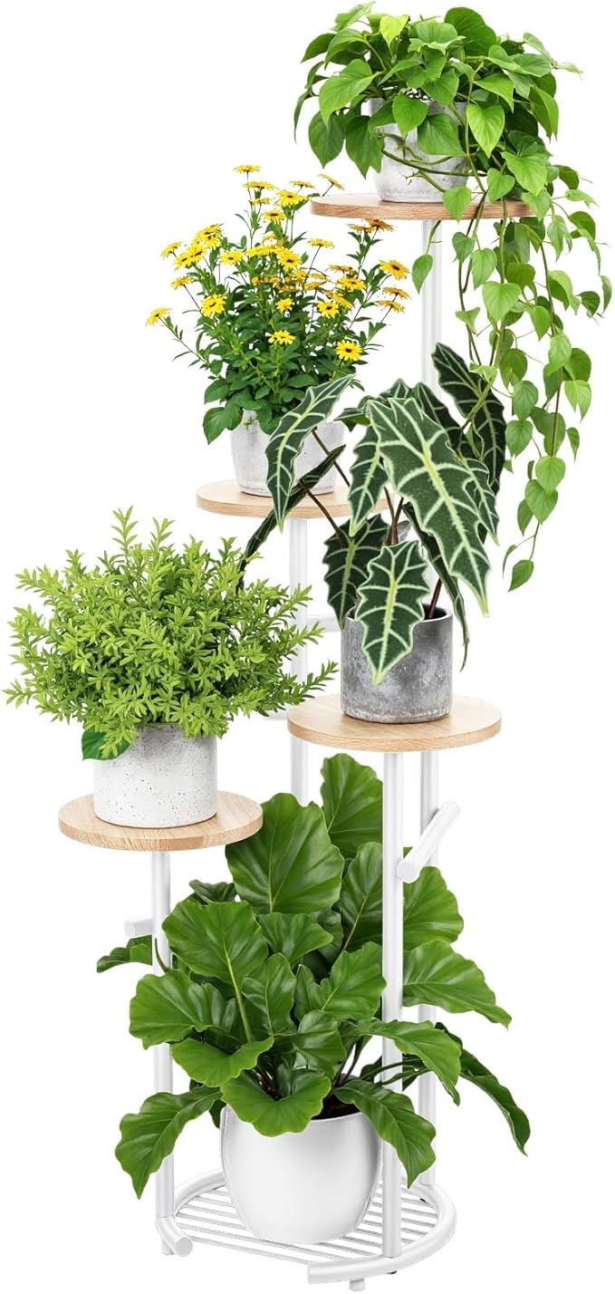 TOSKING 5-Tier Thickened Metal Plant Stand, Anti-Tip Round Base for Pots, Child & Pet Friendly, Corner Shelf Flower Pot for Multiple Plants, Indoor Outdoor Use for Living Room Balcony Patio Garden (White and Wood, 42in)