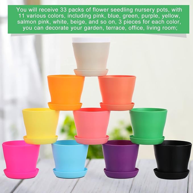 Potchen 33 Pack 4 Inch Plastic Plant Pots Bulk with Saucers Thickened Reusable Nursery Planters with Drainage Holes Colorful Small Flower Pots for Indoor Herbs Seedlings