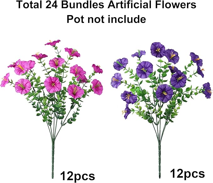 Ivydale 24 Bundles Artificial Flowers for Outdoors Spring Summer Porch Decor, Faux Petunias Plants Outdoor Fake Realistic UV Resistant Silk Flowers for Outside Planters Patio Window Garden Yard Home