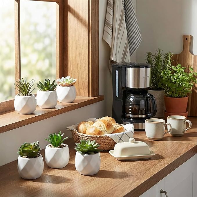 MyGift Mini Assorted Green Faux Succulent, Indoor Fake Plants in Geometric Ceramic Pots, Set of 6
