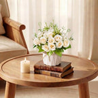 Artificial Flowers Fake Roses with Small Ceramic Vase - Desktop Decoration for Dining Tables, Living Rooms, Bedrooms, Offices for Weddings, Birthdays, Home Decor (White)
