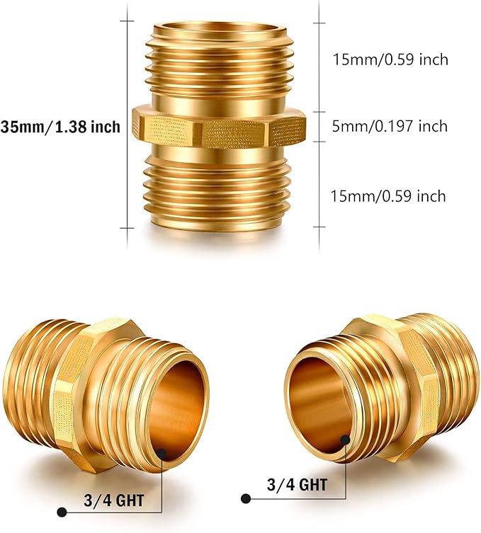 Garden Hose Fittings Connectors Adapter Solid Brass Repair double male to male faucet leader coupler dual water hose connector(3/4" GHT Double Male) (4-PCS)