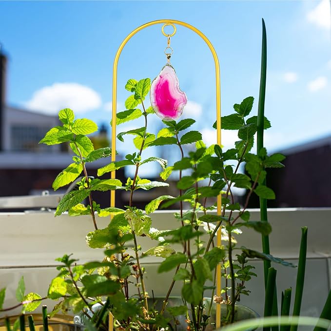 2PCS Small Gold Trellis for Climbing Plants Indoor, Mini Metal Houseplant Climber Support for Potted Plants, Boho Decorative Pot Lattice with Agate for Hoya, Pothos, Ivy, Philodendron