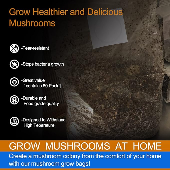 50Pcs Mushroom Growing Bag 6 Mil Thick Mushroom Spawn Bags Autoclavable Bags 8"x5"x20" Mushroom Grow Kit 0.2 Micron Filter Mycobag Grow Kit Tear Resistant Strong